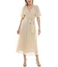 Moda Tara Short Puffed Sleeve V-Neck Chiffon A-Line Midi Dress