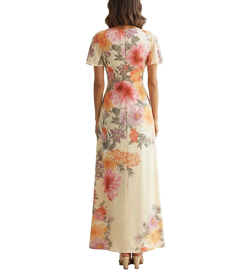 Moda Tara Short Sleeve V-Neck Floral Print Satin Crepe Maxi Dress