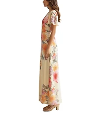 Moda Tara Short Sleeve V-Neck Floral Print Satin Crepe Maxi Dress