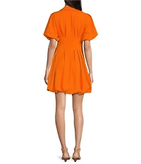 Moda Tara Short Sleeve Point Collar Stretch Pleated Bubble Crepe Dress