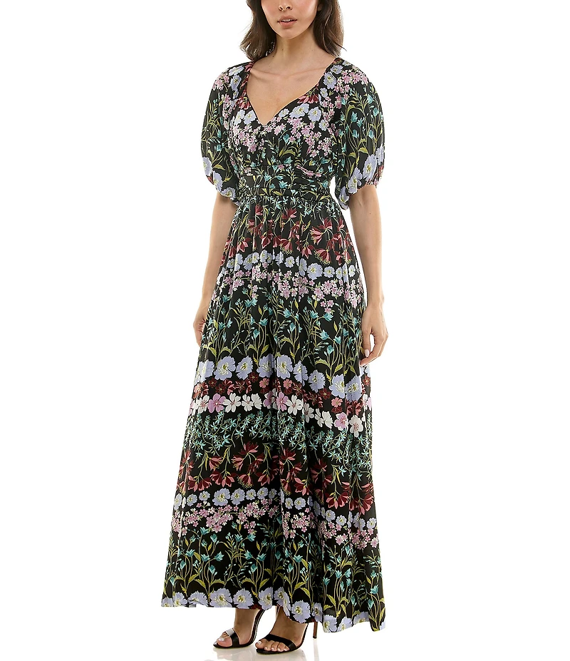 Moda Tara Short Sleeve V-Neck Floral Printed Maxi Dress
