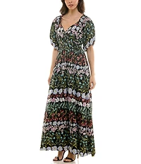 Moda Tara Short Sleeve V-Neck Floral Printed Maxi Dress