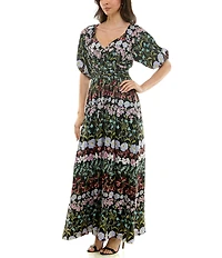 Moda Tara Short Sleeve V-Neck Floral Printed Maxi Dress