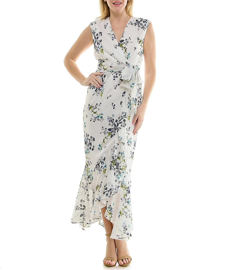 Moda Tara Sleeveless Floral Chiffon Ruffled Faux Wrap Maxi Dress