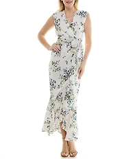 Moda Tara Sleeveless Floral Chiffon Ruffled Faux Wrap Maxi Dress