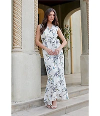 Moda Tara Sleeveless Floral Chiffon Ruffled Faux Wrap Maxi Dress