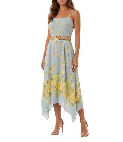 Moda Tara Sleeveless Floral Print Belted Asymmetrical Hem Midi Dress
