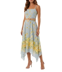 Moda Tara Sleeveless Floral Print Belted Asymmetrical Hem Midi Dress