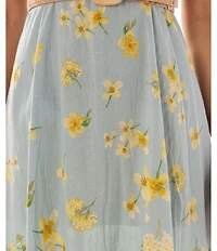 Moda Tara Sleeveless Floral Print Belted Asymmetrical Hem Midi Dress