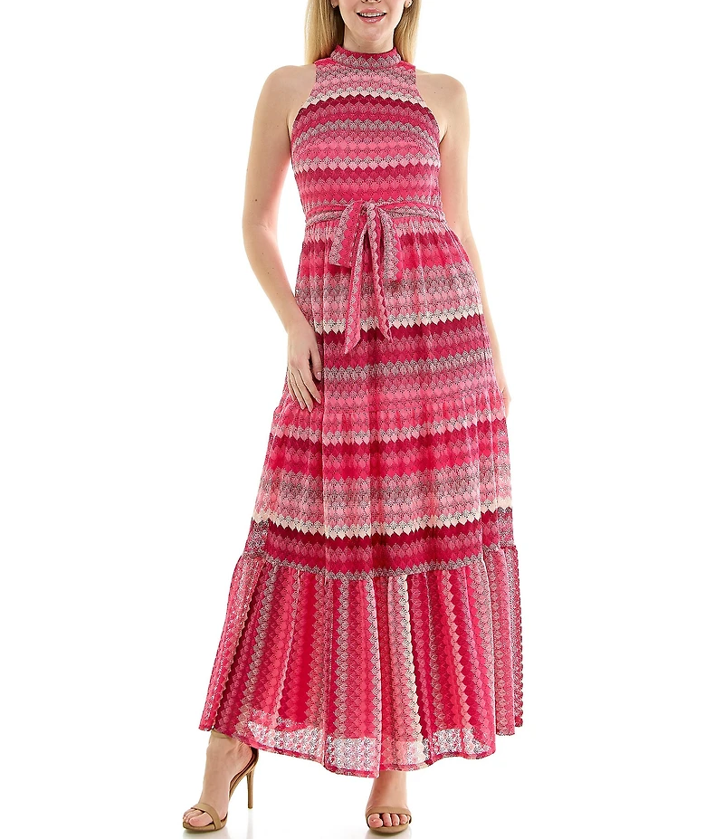 Moda Tara Sleeveless Mock Neck Belted Crochet Maxi Dress