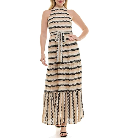 Moda Tara Sleeveless Mock Neck Belted Crochet Maxi Dress