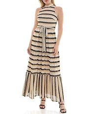 Moda Tara Sleeveless Mock Neck Belted Crochet Maxi Dress
