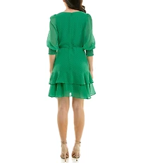 Moda Tara Smocked 3/4 Sleeve V-Neck Wrap Dress