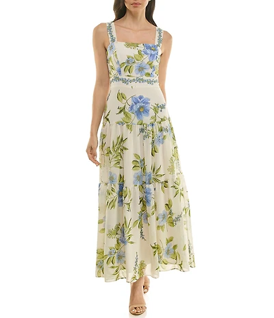 Moda Tara Square Neck Floral Print Chiffon Tiered Maxi Dress