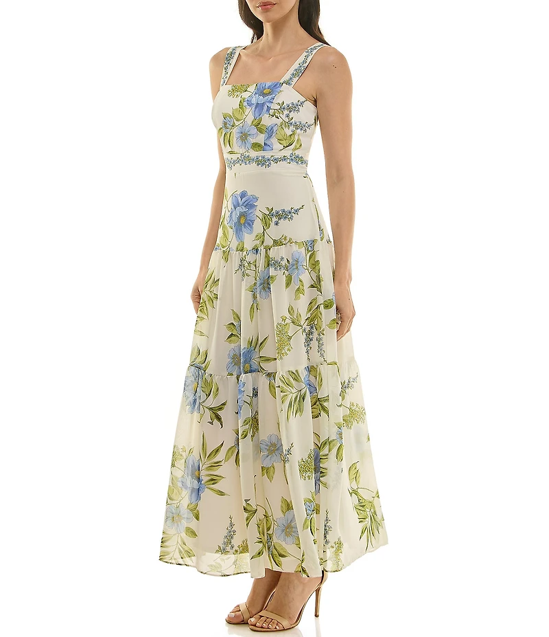 Moda Tara Square Neck Floral Print Chiffon Tiered Maxi Dress