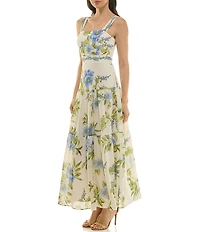 Moda Tara Square Neck Floral Print Chiffon Tiered Maxi Dress