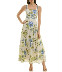 Moda Tara Square Neck Floral Print Chiffon Tiered Maxi Dress