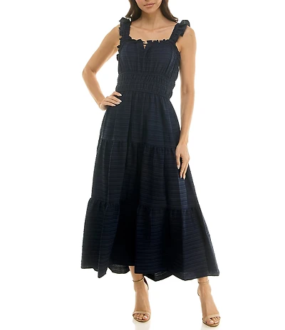 Moda Tara Stretch Bubble Crepe Square Neck Sleeveless Ruffle Tank Midi Dress