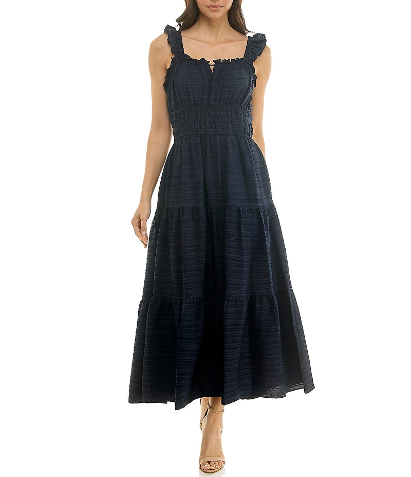 Moda Tara Stretch Bubble Crepe Square Neck Sleeveless Ruffle Tank Midi Dress