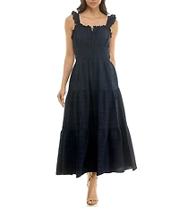 Moda Tara Stretch Bubble Crepe Square Neck Sleeveless Ruffle Tank Midi Dress