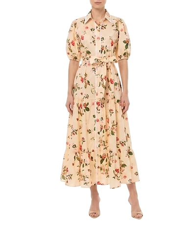 Moda Tara Stretch Cotton Short Puff Sleeve Cherry Pattern Tiered Midi Shirt Dress