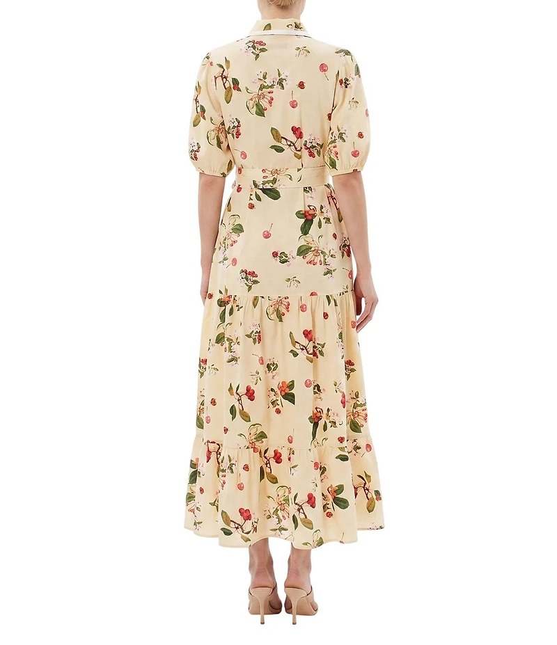 Moda Tara Stretch Cotton Short Puff Sleeve Cherry Pattern Tiered Midi Shirt Dress
