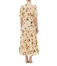 Moda Tara Stretch Cotton Short Puff Sleeve Cherry Pattern Tiered Midi Shirt Dress