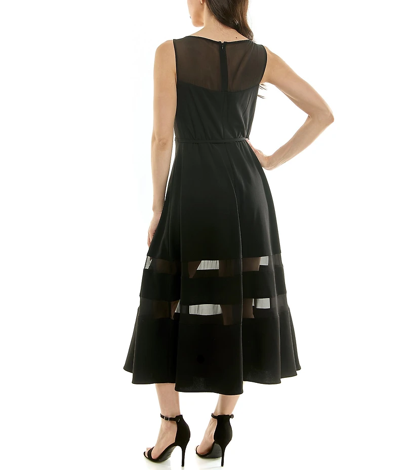 Moda Tara Stretch Crepe Illusion Chiffon Fit And Flare Sleeveless Midi Dress