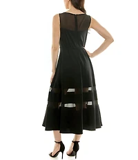 Moda Tara Stretch Crepe Illusion Chiffon Fit And Flare Sleeveless Midi Dress