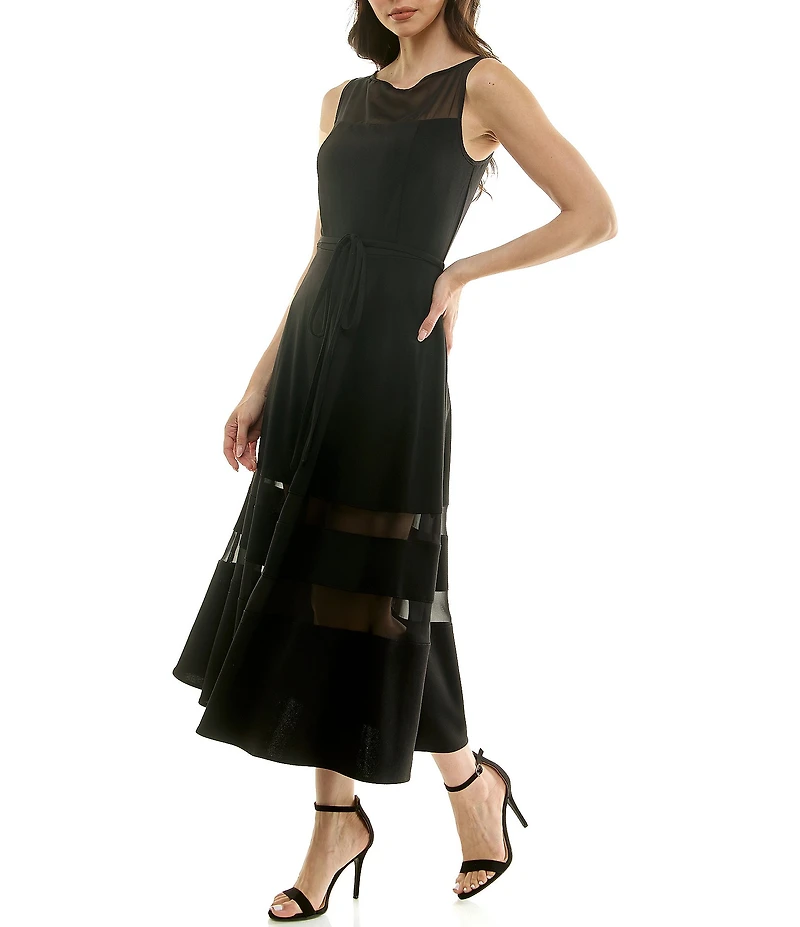 Moda Tara Stretch Crepe Illusion Chiffon Fit And Flare Sleeveless Midi Dress