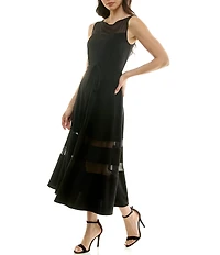 Moda Tara Stretch Crepe Illusion Chiffon Fit And Flare Sleeveless Midi Dress