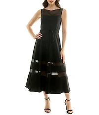 Moda Tara Stretch Crepe Illusion Chiffon Fit And Flare Sleeveless Midi Dress