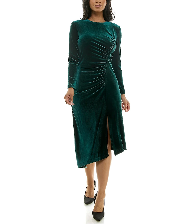 Moda Tara Stretch Velvet Crew Neck Long Sleeve Ruched Asymmetrical Hem Midi Dress