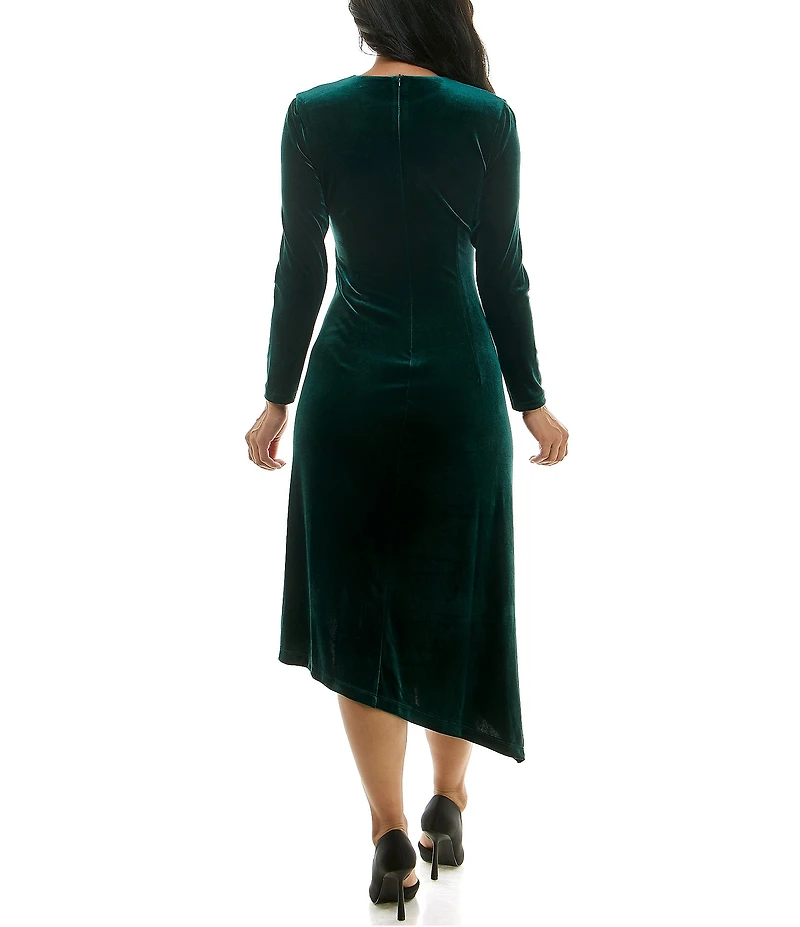Moda Tara Stretch Velvet Crew Neck Long Sleeve Ruched Asymmetrical Hem Midi Dress