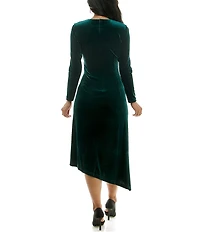 Moda Tara Stretch Velvet Crew Neck Long Sleeve Ruched Asymmetrical Hem Midi Dress