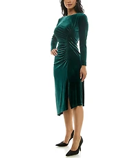 Moda Tara Stretch Velvet Crew Neck Long Sleeve Ruched Asymmetrical Hem Midi Dress