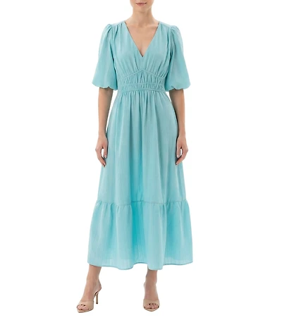 Moda Tara Textured Crepe Smocked Empire Waist Tiered Hem Dress