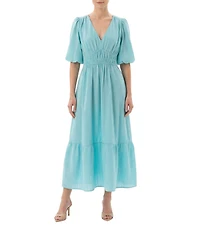 Moda Tara Textured Crepe Smocked Empire Waist Tiered Hem Dress
