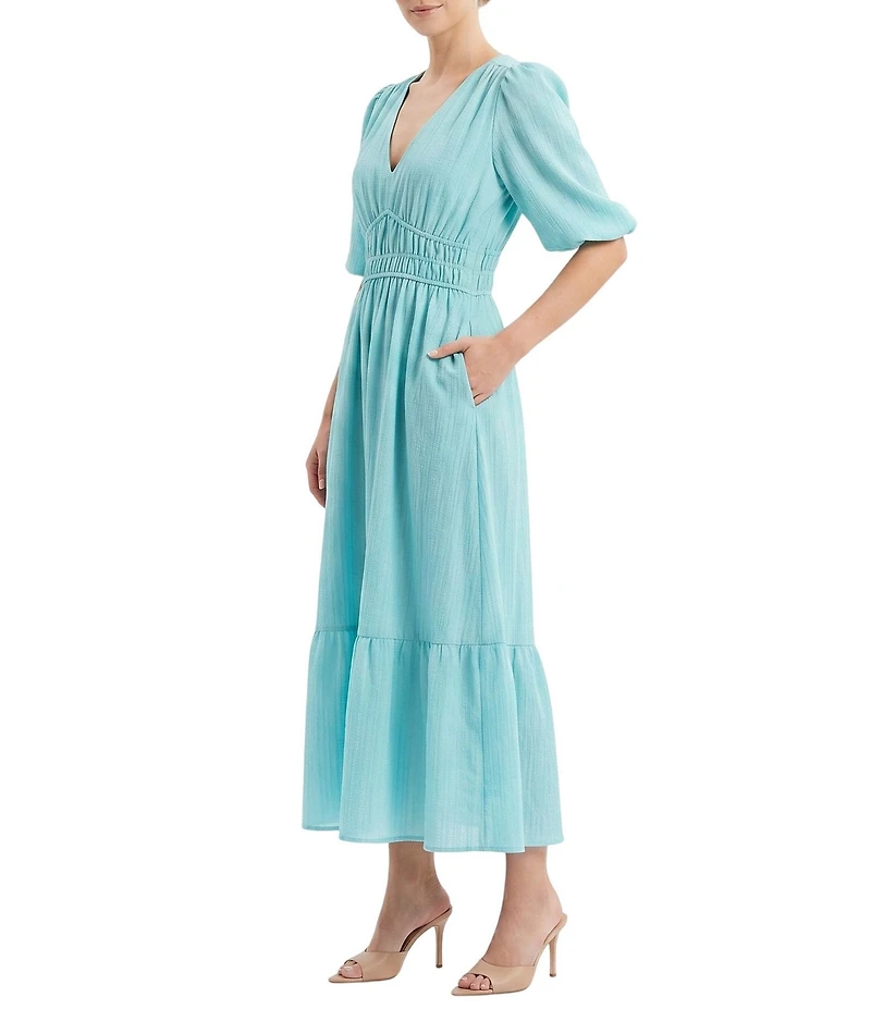 Moda Tara Textured Crepe Smocked Empire Waist Tiered Hem Dress