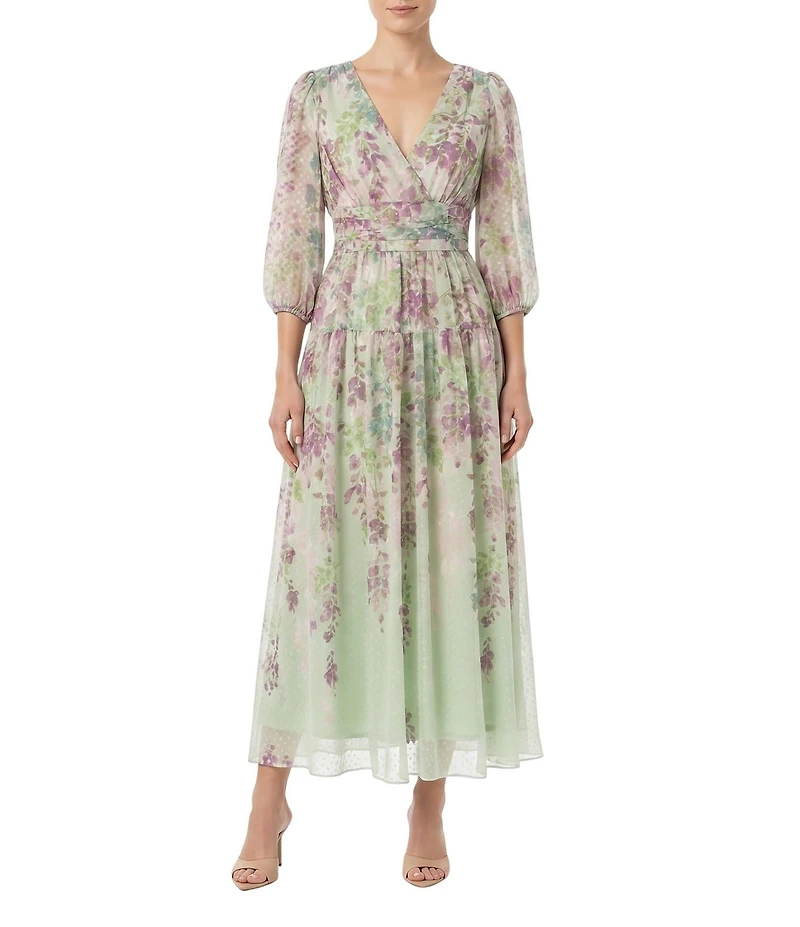 Moda Tara Textured Floral Chiffon V Neck Sheer Long Sleeve Dress