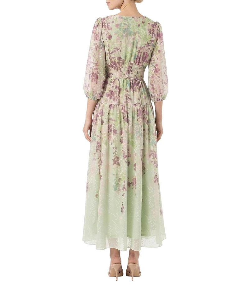 Moda Tara Textured Floral Chiffon V Neck Sheer Long Sleeve Dress