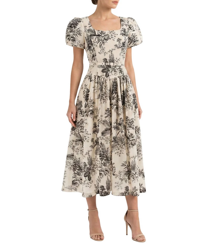 Moda Tara Toile Print Stretch Cotton Poplin Drop Waist Midi Dress