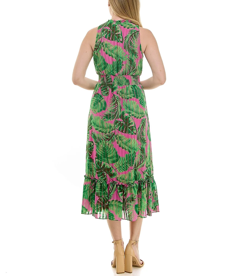 Moda Tara V-Neck Sleeveless Shadow Stripe Chiffon Tropical Palm Print Midi Dress