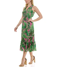 Moda Tara V-Neck Sleeveless Shadow Stripe Chiffon Tropical Palm Print Midi Dress