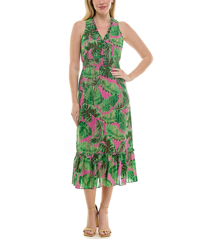 Moda Tara V-Neck Sleeveless Shadow Stripe Chiffon Tropical Palm Print Midi Dress