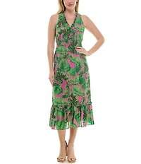 Moda Tara V-Neck Sleeveless Shadow Stripe Chiffon Tropical Palm Print Midi Dress