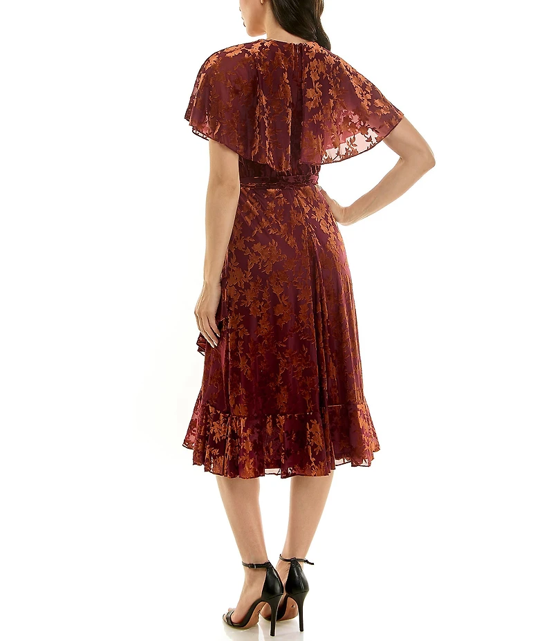 Moda Tara Velvet Short Capelet Sleeve V-Neck Faux Wrap Midi Dress