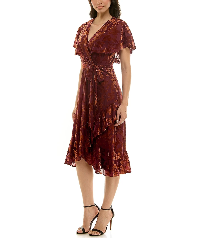 Moda Tara Velvet Short Capelet Sleeve V-Neck Faux Wrap Midi Dress