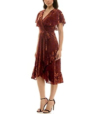 Moda Tara Velvet Short Capelet Sleeve V-Neck Faux Wrap Midi Dress