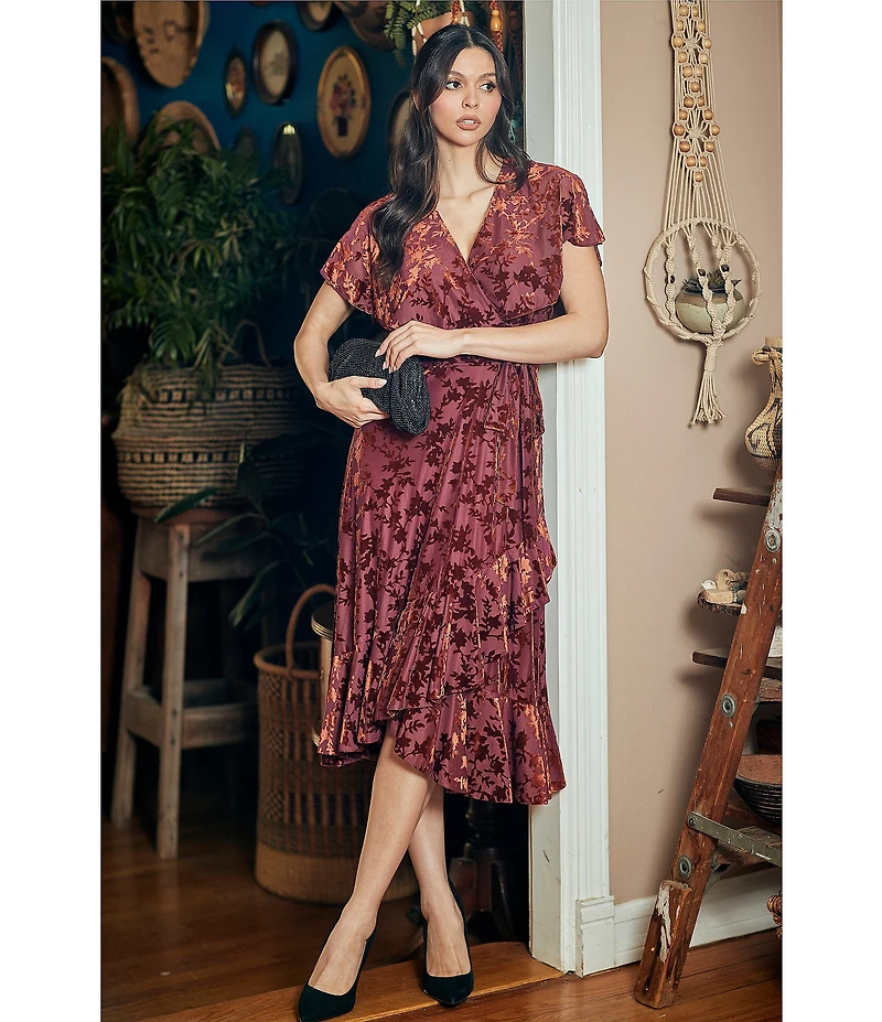 Moda Tara Velvet Short Capelet Sleeve V-Neck Faux Wrap Midi Dress
